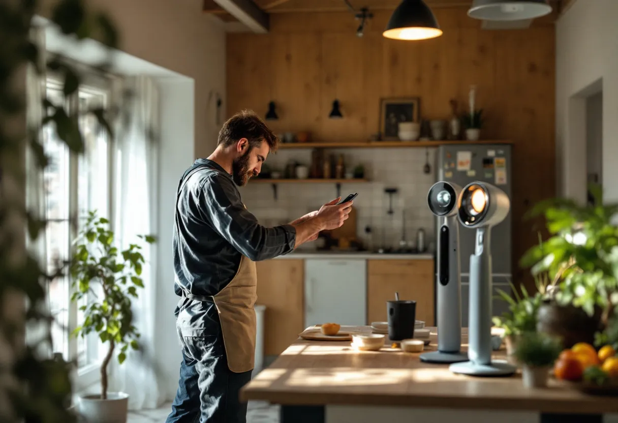 Een vakman meet nauwkeurig de opening van een raamkozijn op in een lichte, gerenoveerde woonkamer terwijl op de achtergrond twee moderne raammonsters zichtbaar zijn.