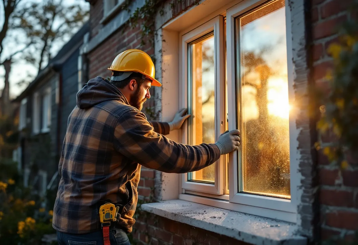 Een ervaren monteur installeert een nieuw, perfect passend PVC-raam met helder glas in een bakstenen gevel van een typisch Vlaamse woning, terwijl de ochtendzon door het glas schijnt.