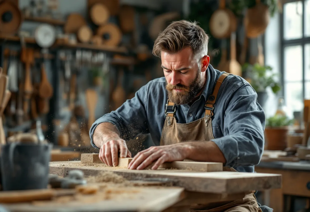 Een fotorealistische close-up van een ambachtsman die een op maat gemaakte houten raamkozijn in een typisch Antwerps herenhuis plaatst, met nauwkeurige handgereedschappen en stofvrije afwerking.