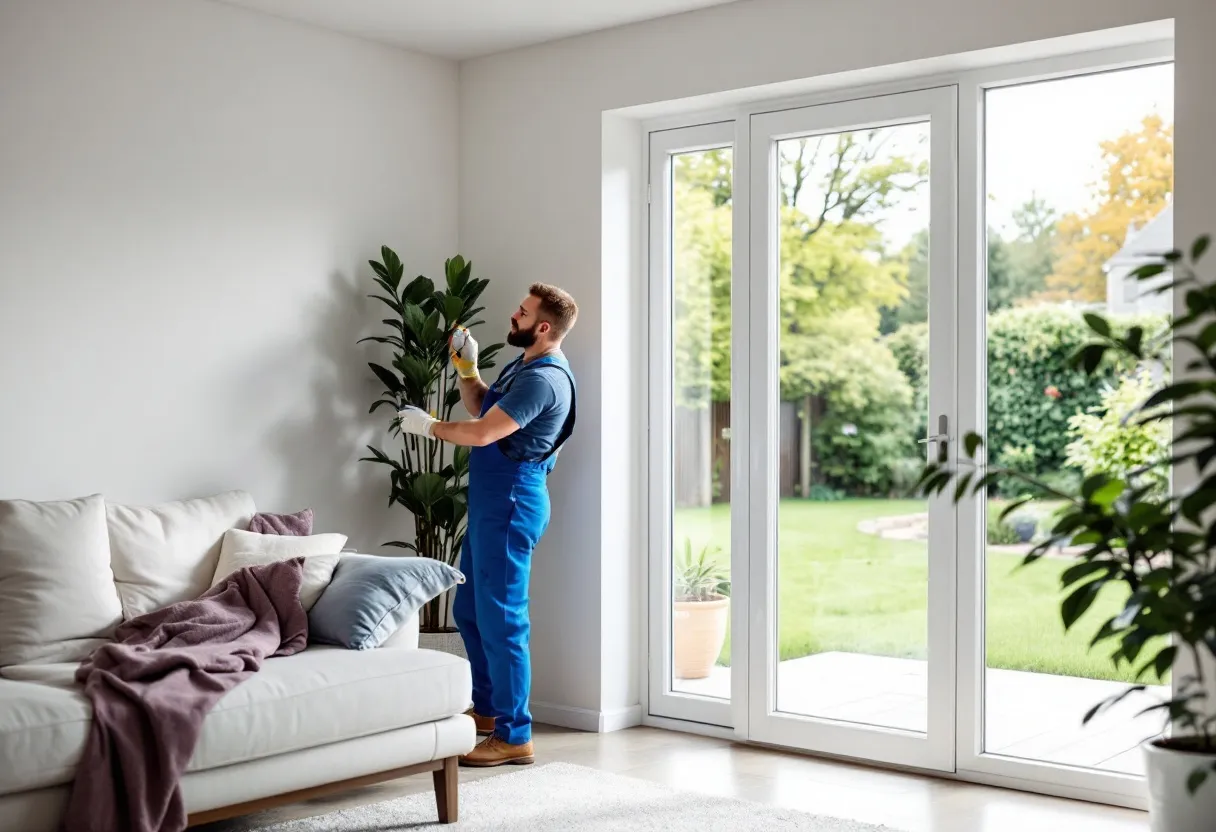 Een vakman in blauwe overall meet nauwkeurig een groot raamkozijn op in een lichte, moderne woonkamer met uitzicht op een herfstige tuin, terwijl een schone witte PVC raam op maat gereed staat tegen de muur naast gereedschap.